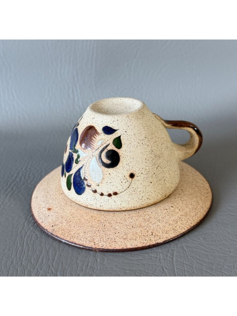 Vintage Tonala Mexico Studio Pottery Cup Saucer Set Signed Blue Butterfly 6" - Picture 12 of 14